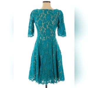 Monique Lhullier Teal Blue and Nude Lace Ella Dress Size 2